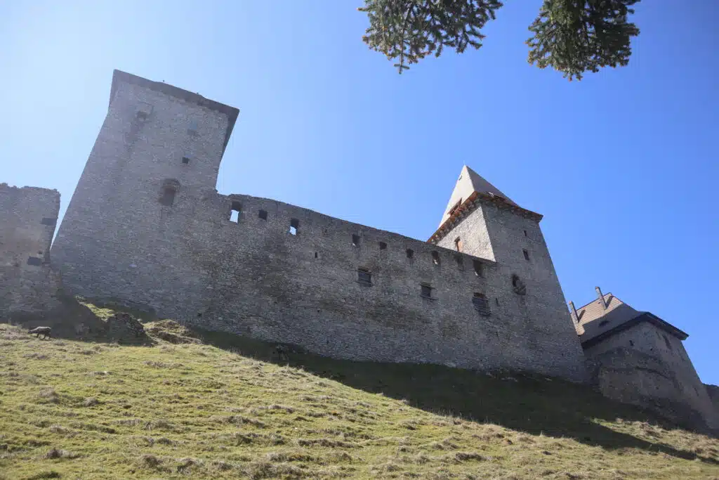Pohled na hradby z přístupové cesty. Tady už jste kousek od hradní brány.